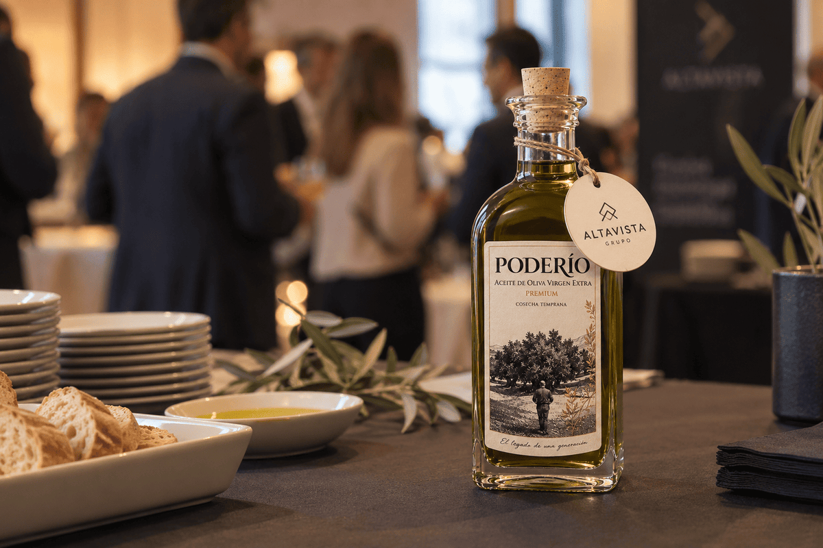 Botella de aceite Poderío en una mesa elegante, regalo de empresa